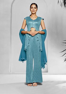Blue Palazzo Set With Hand Embroidered Blouse And Dupatta