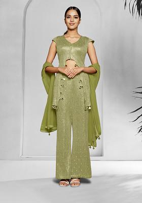 Green Palazzo Set With Hand Embroidered Blouse And Dupatta