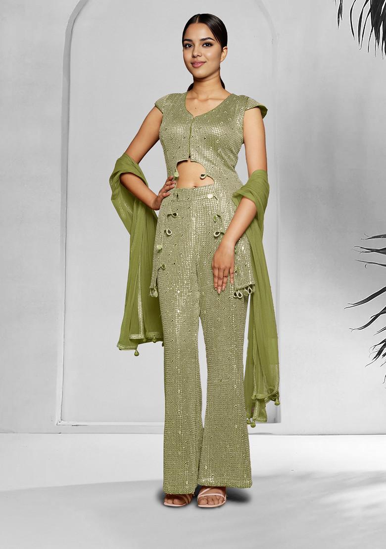 Green Palazzo Set With Hand Embroidered Blouse And Dupatta