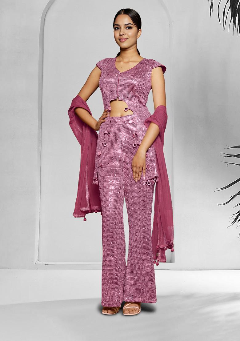 Pink Palazzo Set With Hand Embroidered Blouse And Dupatta