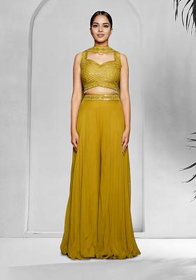 Green Palazzo Set With Hand Embroidered Blouse And Dupatta