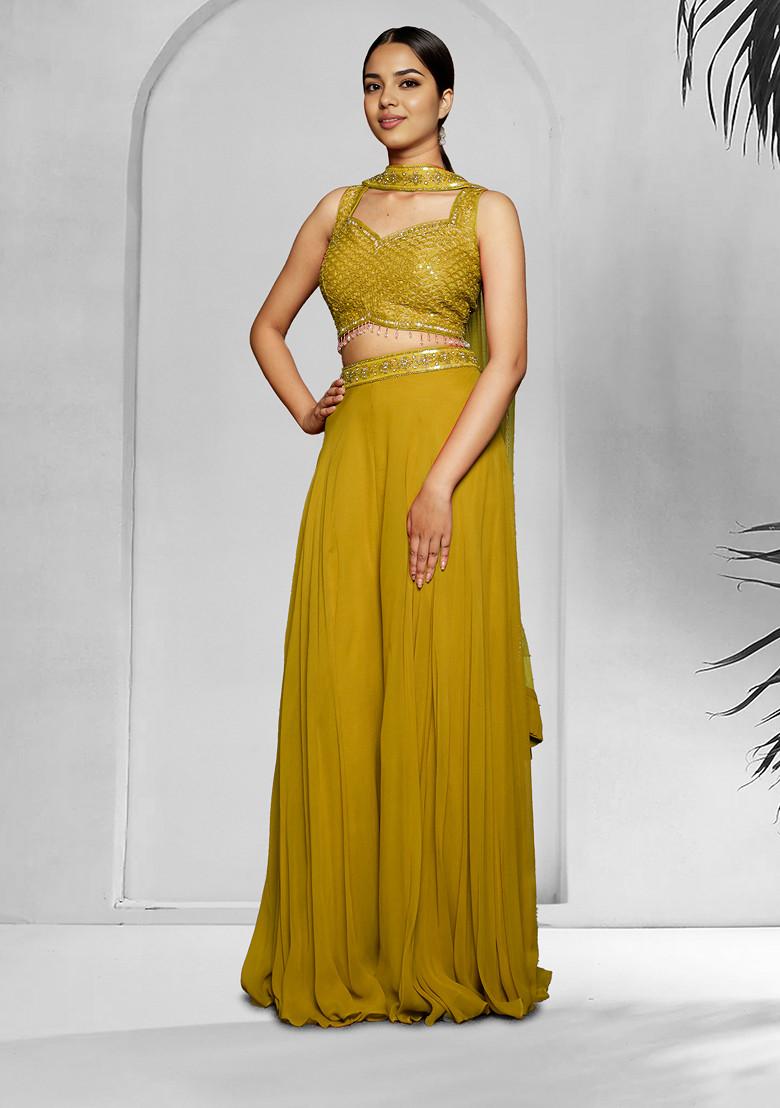 Green Palazzo Set With Hand Embroidered Blouse And Dupatta