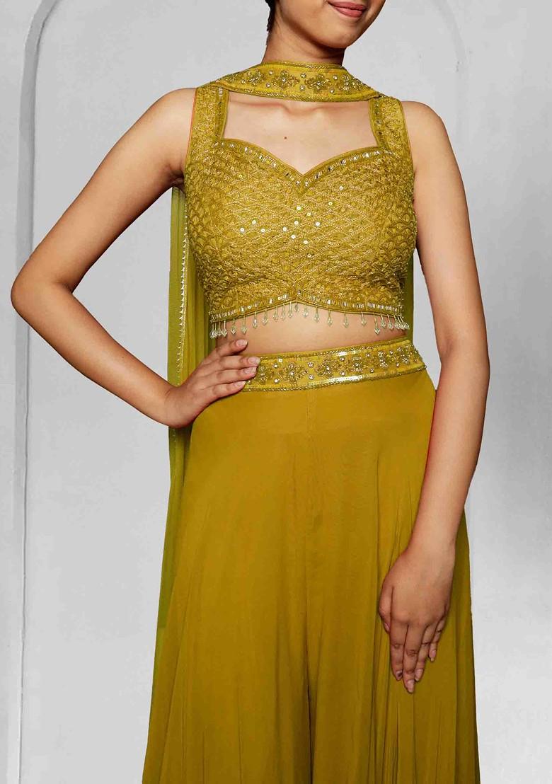 Green Palazzo Set With Hand Embroidered Blouse And Dupatta