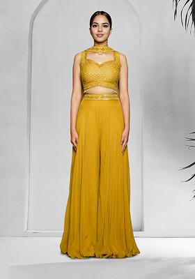 Yellow Palazzo Set With Hand Embroidered Blouse And Dupatta