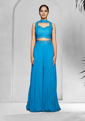 Blue Palazzo Set With Hand Embroidered Blouse And Dupatta