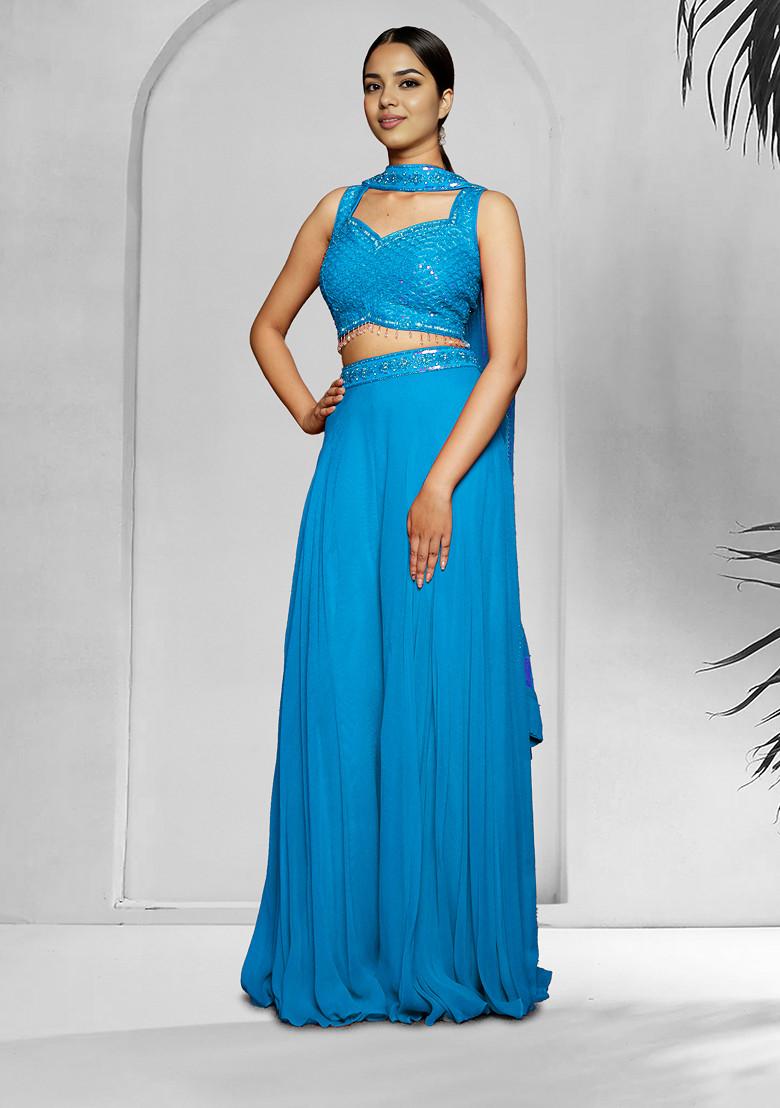 Blue Palazzo Set With Hand Embroidered Blouse And Dupatta