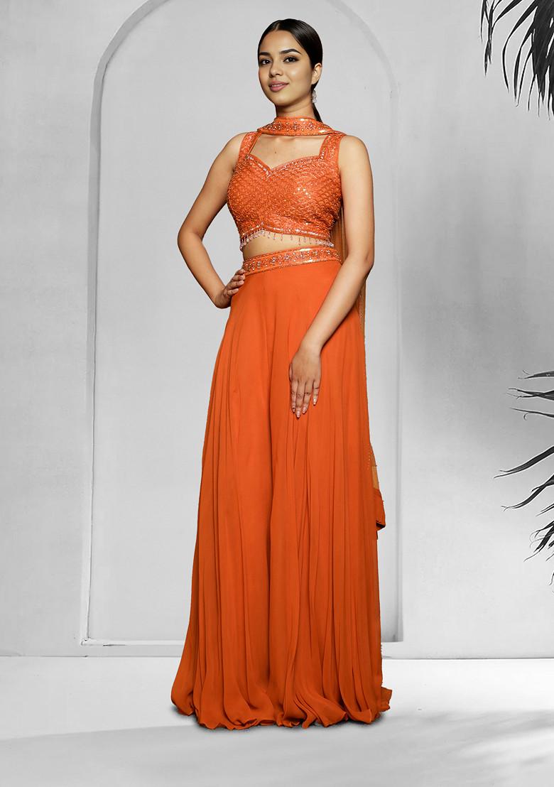 Orange Palazzo Set With Hand Embroidered Blouse And Dupatta