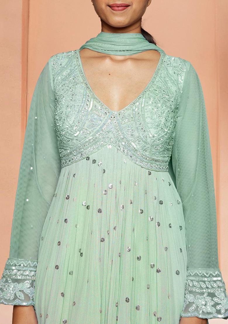 Green Palazzo Set With Hand Embroidered Blouse And Dupatta