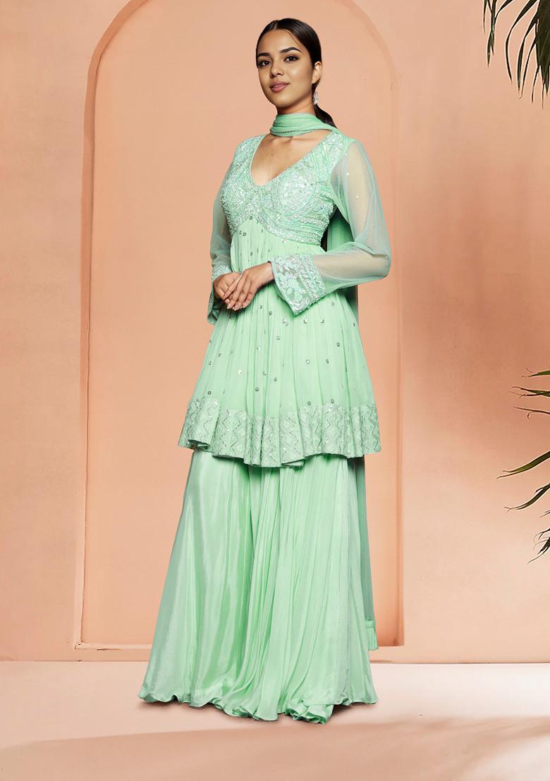 Green Palazzo Set With Hand Embroidered Blouse And Dupatta
