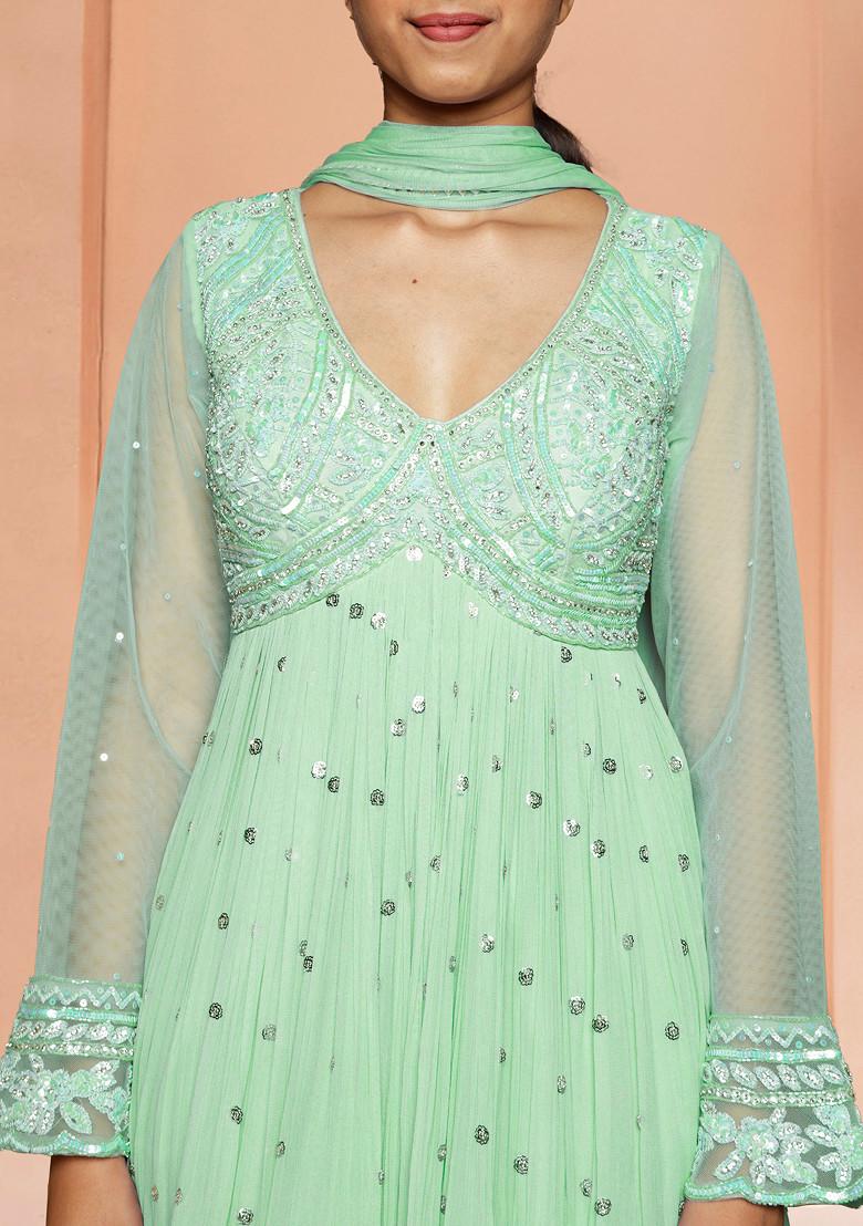 Green Palazzo Set With Hand Embroidered Blouse And Dupatta