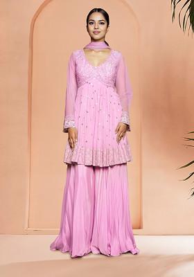 Pink Palazzo Set With Hand Embroidered Blouse And Dupatta