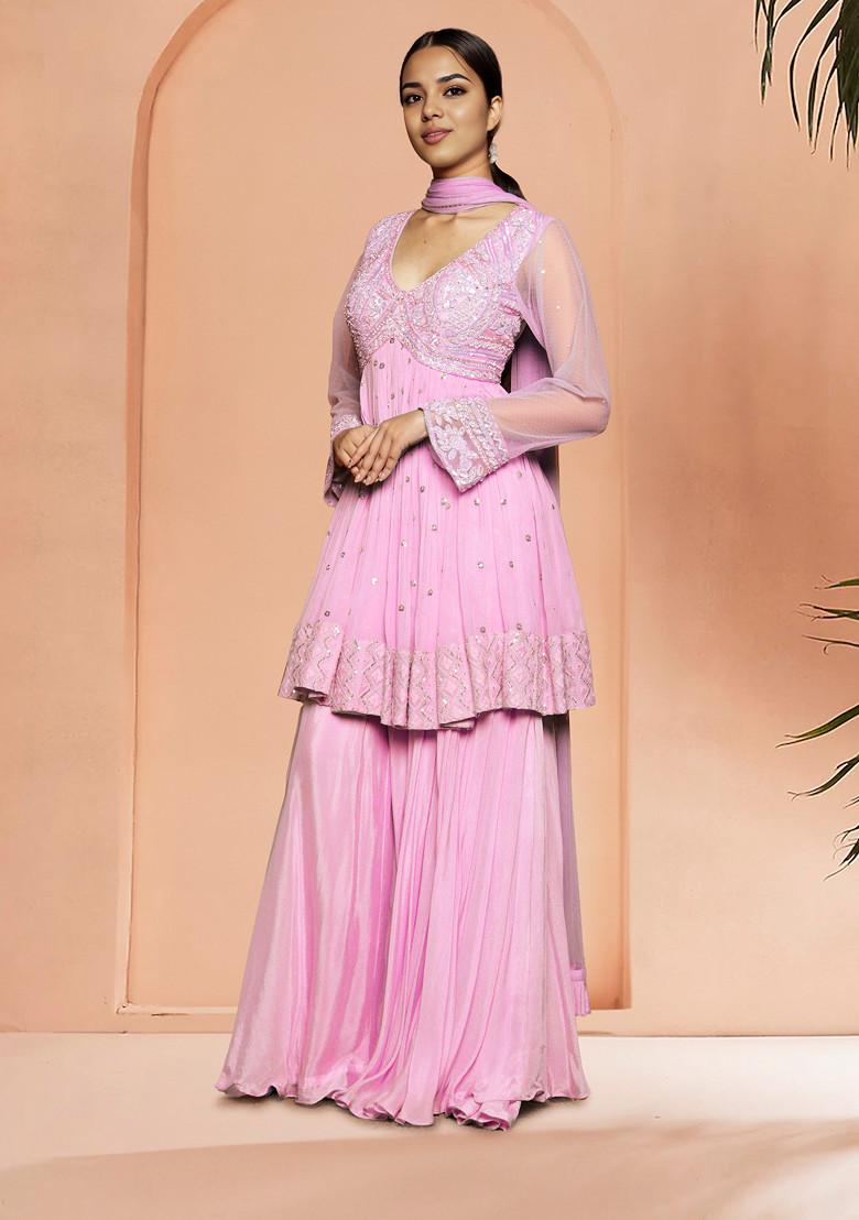 Pink Palazzo Set With Hand Embroidered Blouse And Dupatta