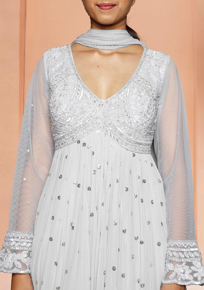 White Palazzo Set With Hand Embroidered Blouse And Dupatta