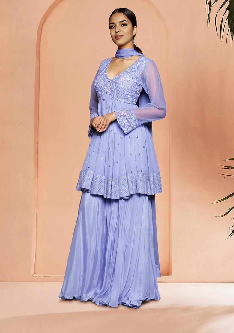 Blue Palazzo Set With Hand Embroidered Blouse And Dupatta