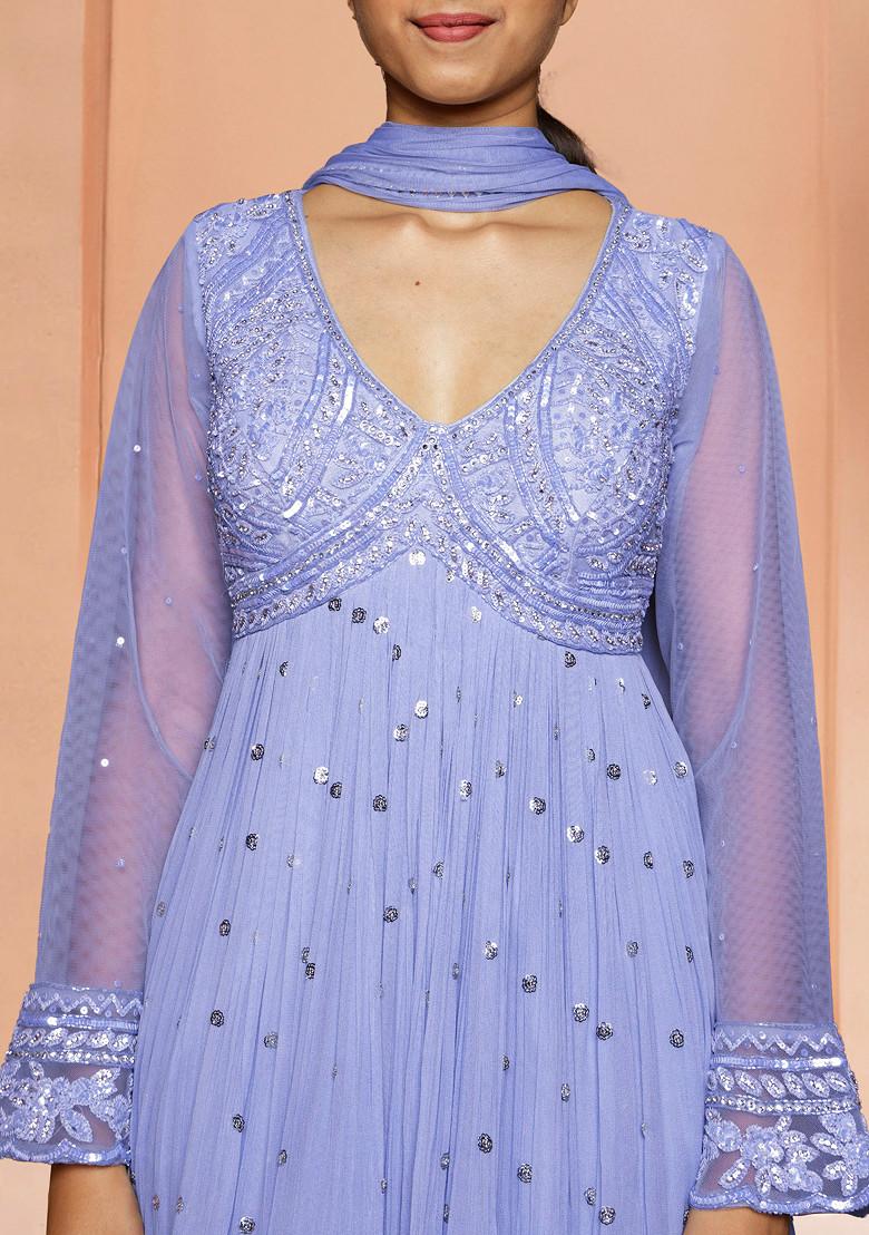 Blue Palazzo Set With Hand Embroidered Blouse And Dupatta