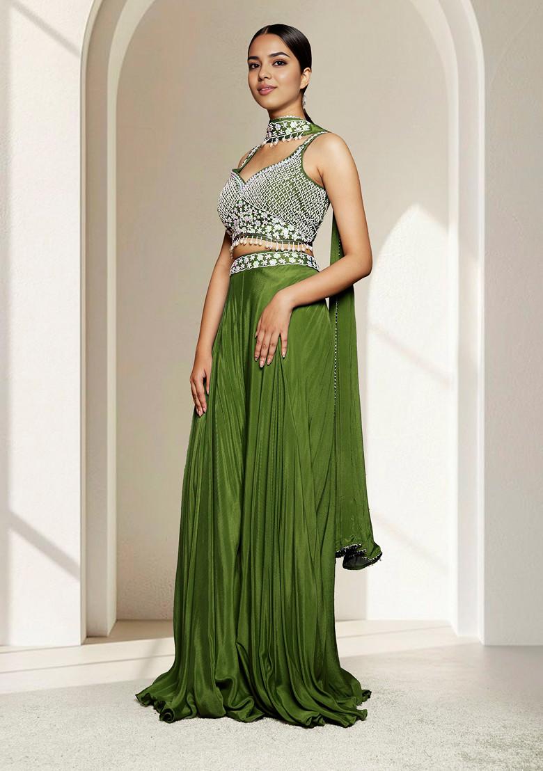 Green Palazzo Set With Hand Embroidered Blouse And Dupatta