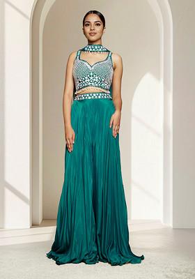 Blue Palazzo Set With Hand Embroidered Blouse And Dupatta