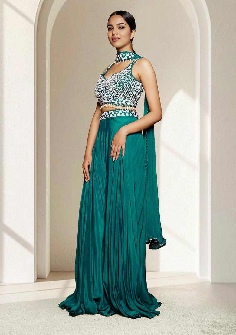 Blue Palazzo Set With Hand Embroidered Blouse And Dupatta