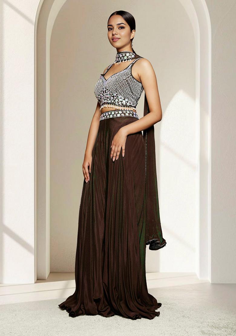 Brown Palazzo Set With Hand Embroidered Blouse And Dupatta