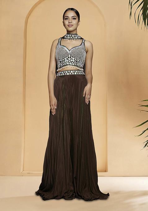 Brown Palazzo Set With Hand Embroidered Blouse And Dupatta