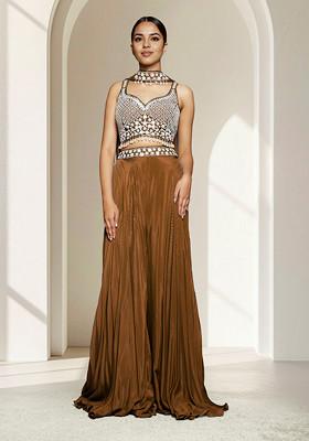 Brown Palazzo Set With Hand Embroidered Blouse And Dupatta