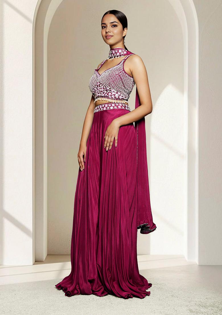 Pink Palazzo Set With Hand Embroidered Blouse And Dupatta