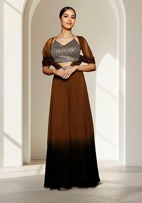 Brown Sharara Set With Hand Embroidered Blouse And Cape