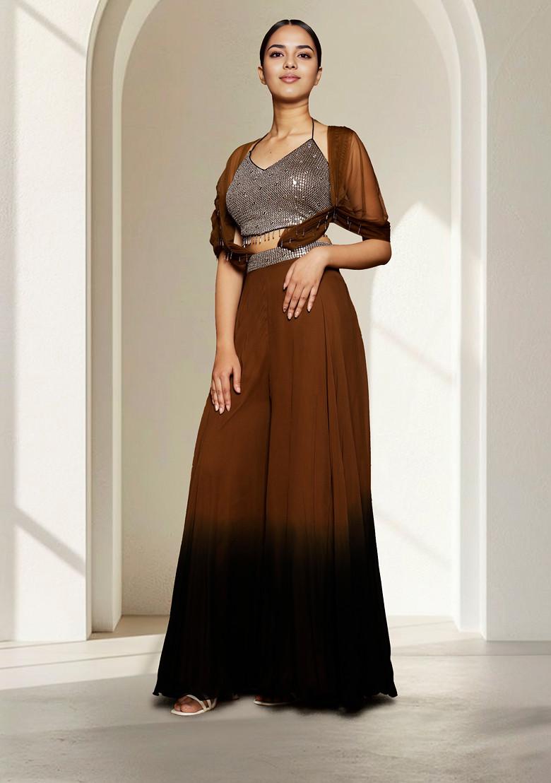 Brown Sharara Set With Hand Embroidered Blouse And Cape