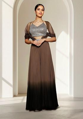 Brown Sharara Set With Hand Embroidered Blouse And Cape