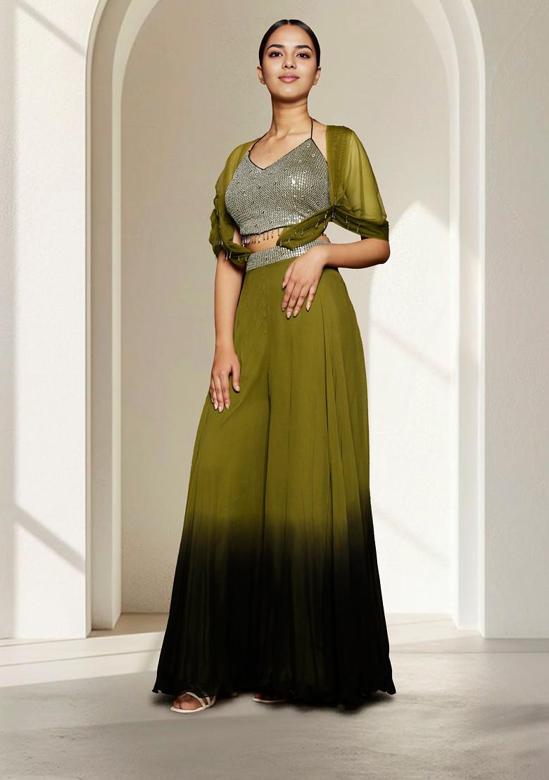Olive Sharara Set With Hand Embroidered Blouse And Cape