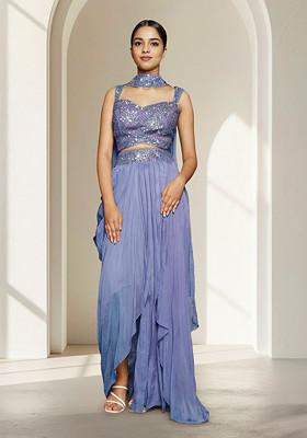 Blue Skirt Set With Hand Embroidered Blouse And Dupatta