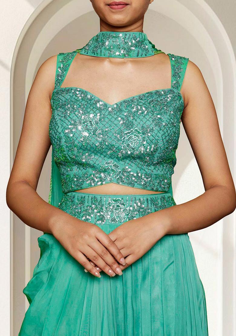 Green Skirt Set With Hand Embroidered Blouse And Dupatta