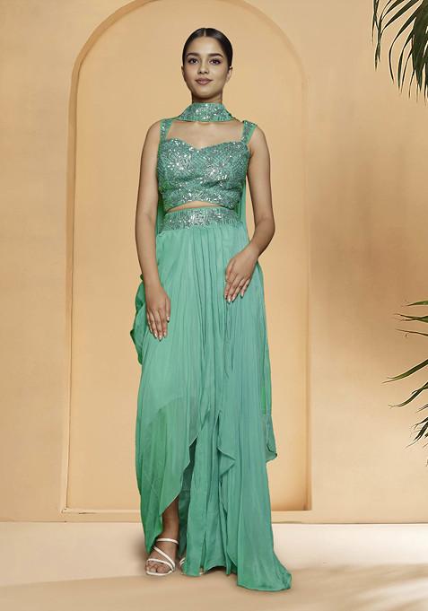 Green Skirt Set With Hand Embroidered Blouse And Dupatta