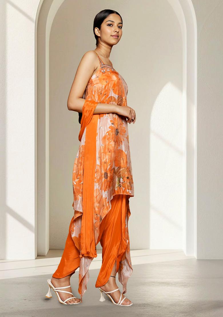 Orange Hand Embroidered Kurta Set With Pant And Dupatta