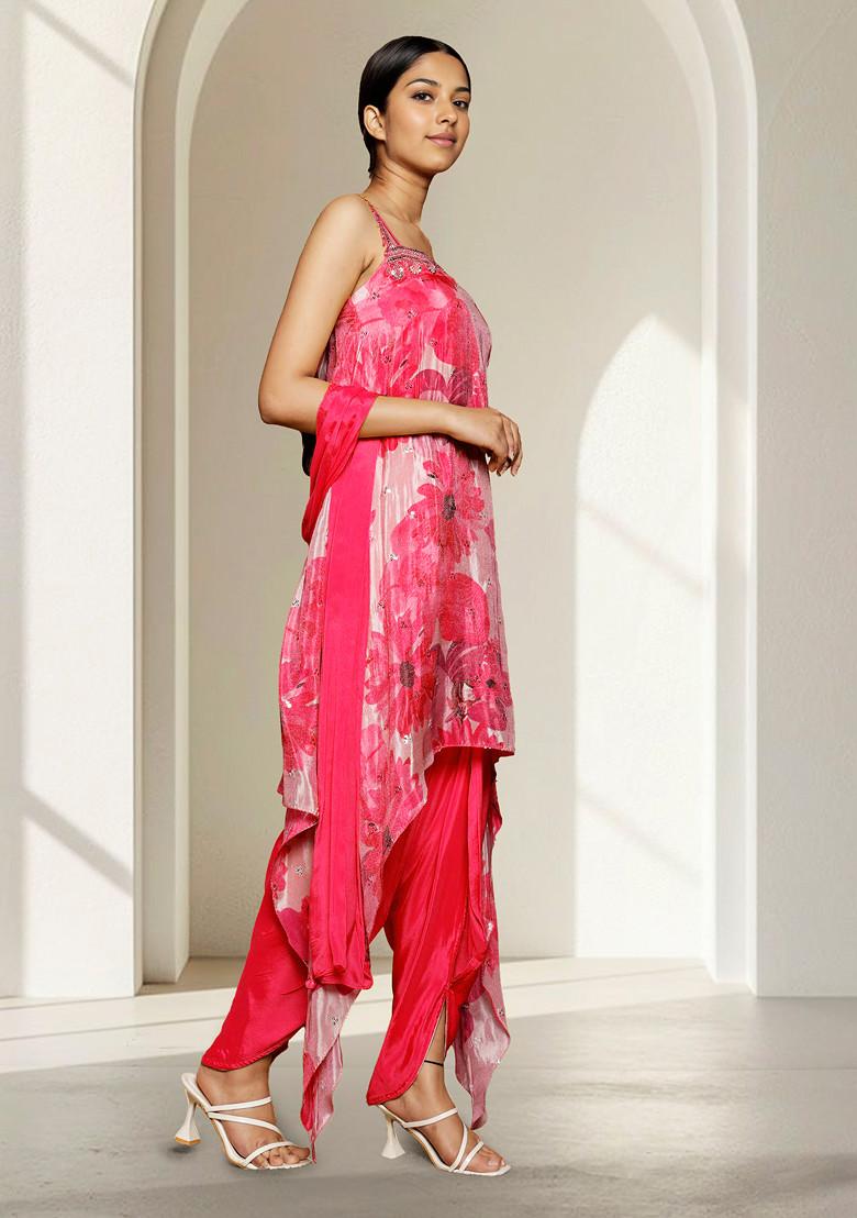 Pink Hand Embroidered Kurta Set With Pant And Dupatta