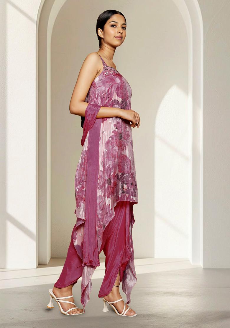 Purple Hand Embroidered Kurta Set With Pant And Dupatta
