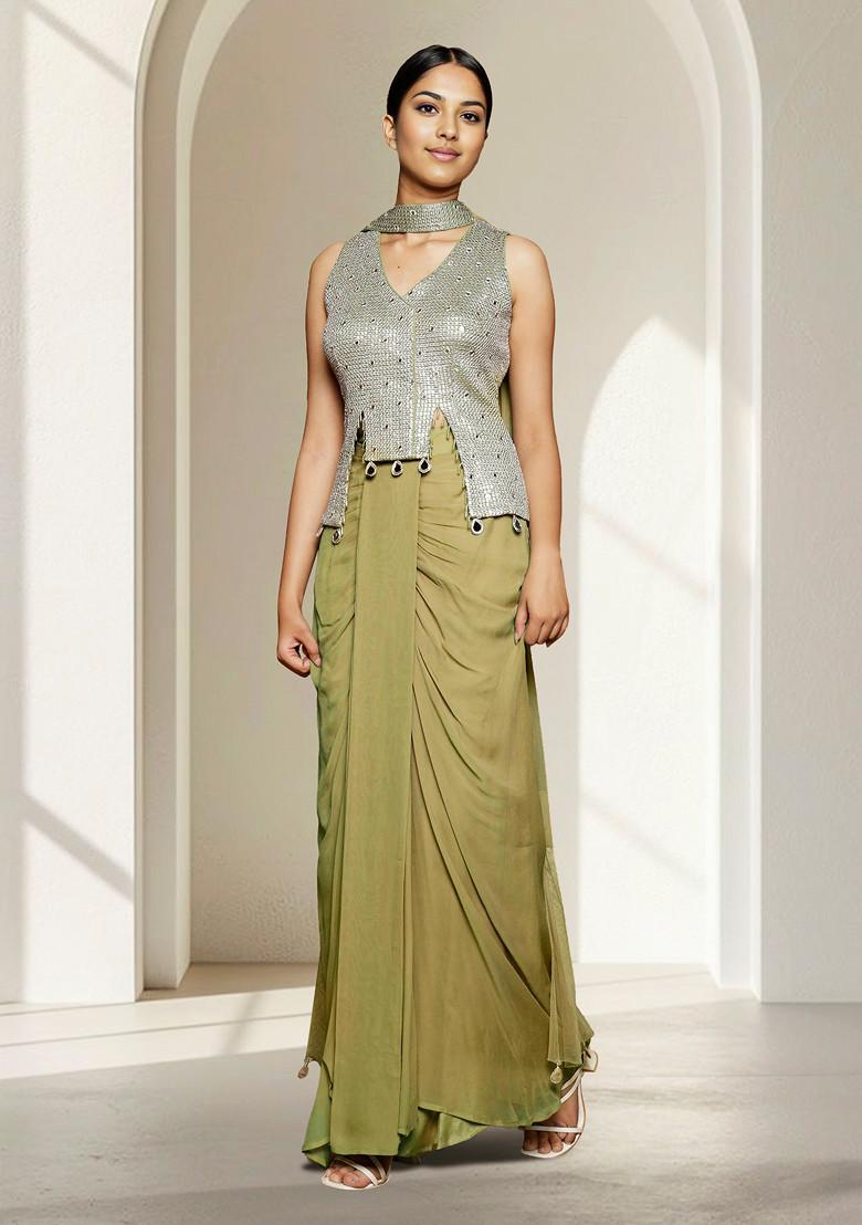 Olive Skirt Set With Hand Embroidered Blouse And Dupatta