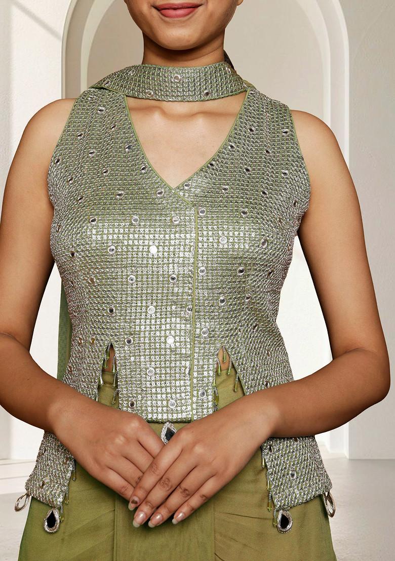 Olive Skirt Set With Hand Embroidered Blouse And Dupatta