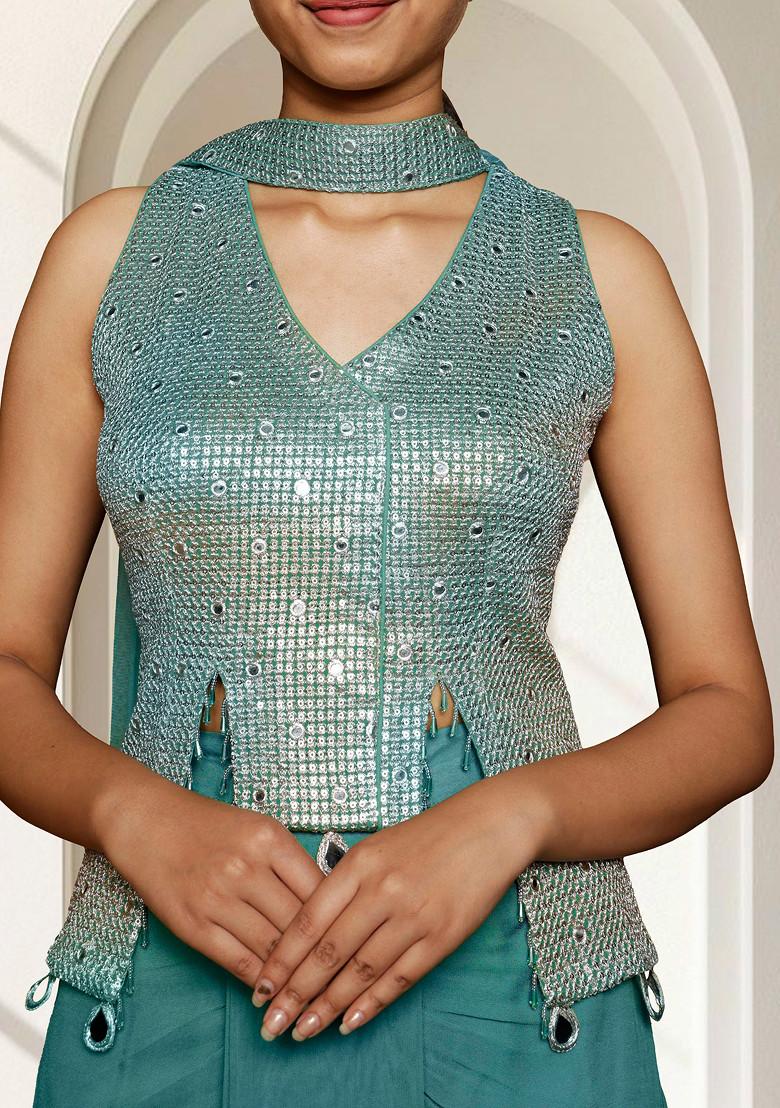 Green Skirt Set With Hand Embroidered Blouse And Dupatta