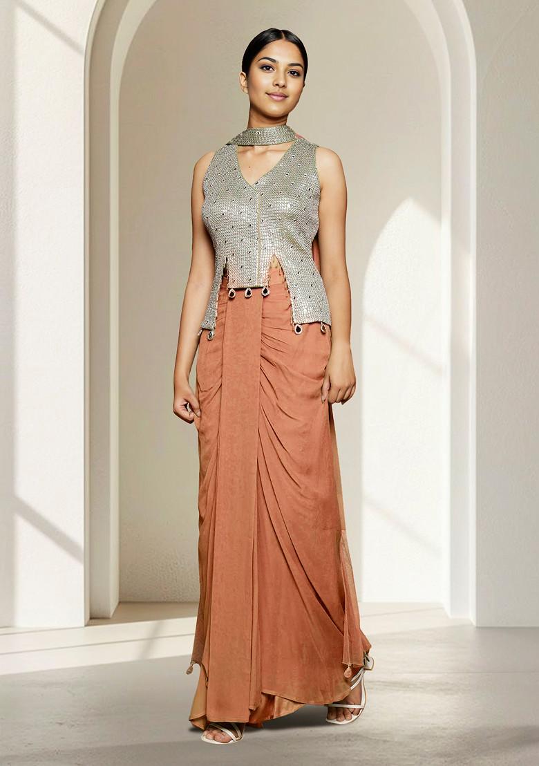 Peach Skirt Set With Hand Embroidered Blouse And Dupatta