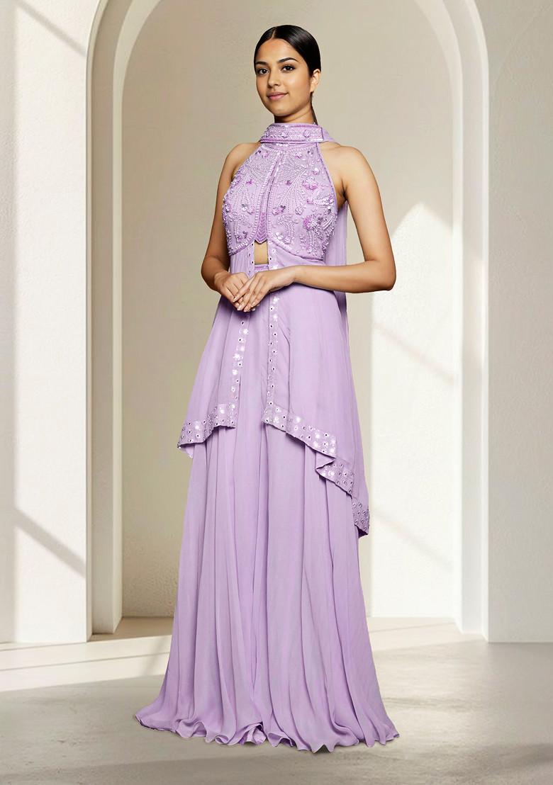 Purple Skirt Set With Hand Embroidered Blouse And Dupatta