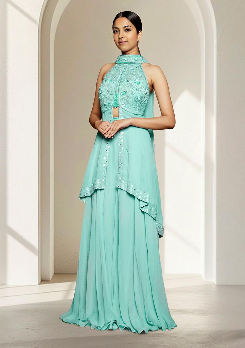 Green Skirt Set With Hand Embroidered Blouse And Dupatta