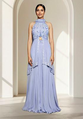 Blue Skirt Set With Hand Embroidered Blouse And Dupatta