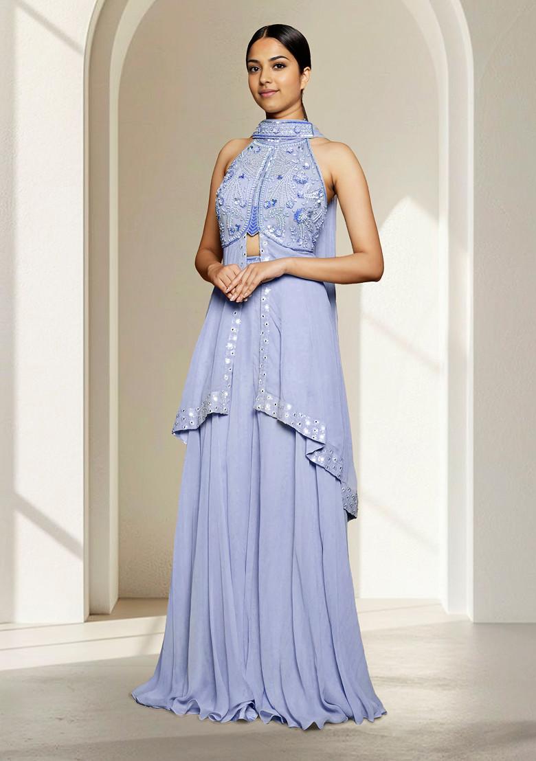 Blue Skirt Set With Hand Embroidered Blouse And Dupatta