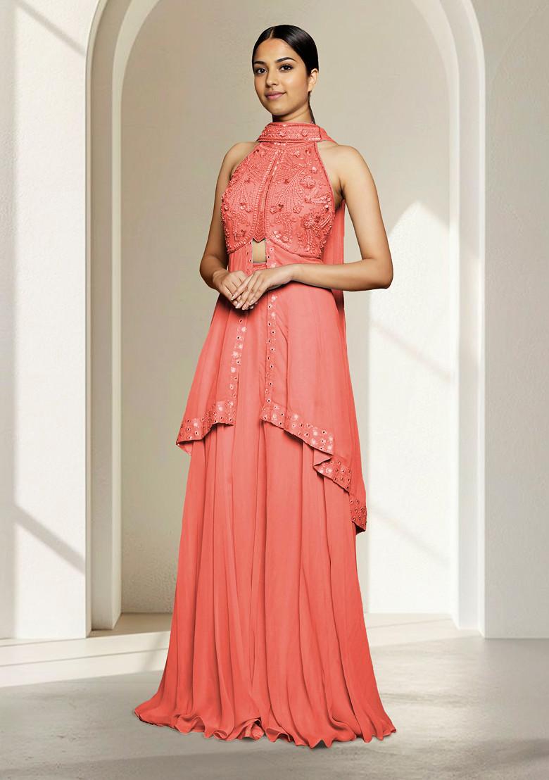 Orange Skirt Set With Hand Embroidered Blouse And Dupatta