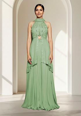 Green Skirt Set With Hand Embroidered Blouse And Dupatta