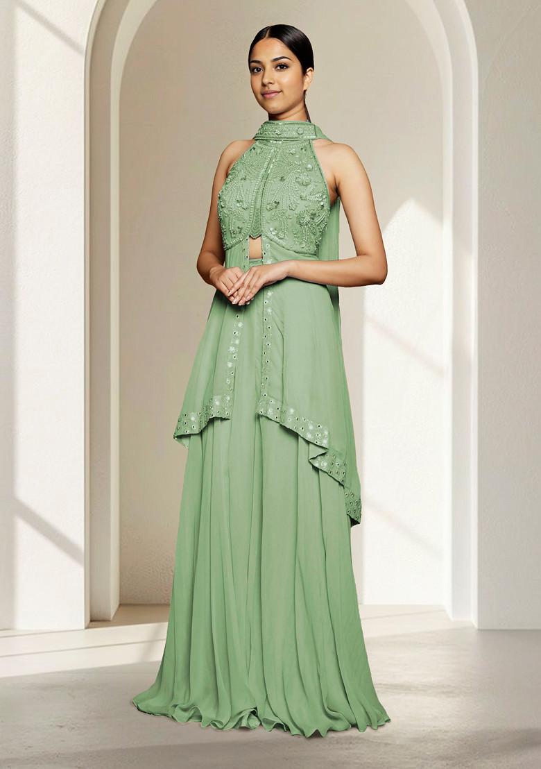 Green Skirt Set With Hand Embroidered Blouse And Dupatta