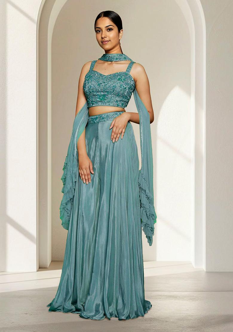 Blue Sharara Set With Hand Embroidered Blouse And Dupatta