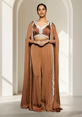 Brown Jacket Set With Hand Embroidered Blouse And Palazzo
