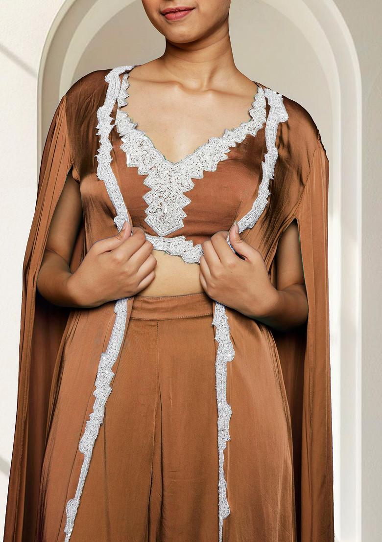 Brown Jacket Set With Hand Embroidered Blouse And Palazzo
